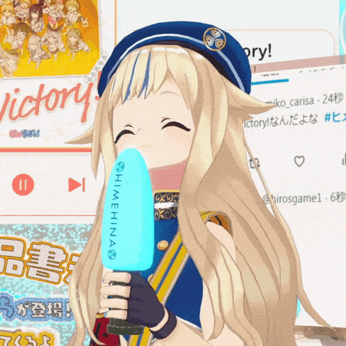 a girl in a blue hat is holding a blue item that says himehina on it