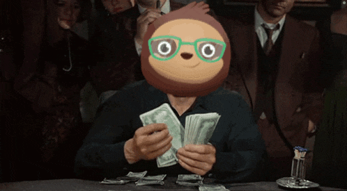a sloth wearing glasses holds a bunch of money