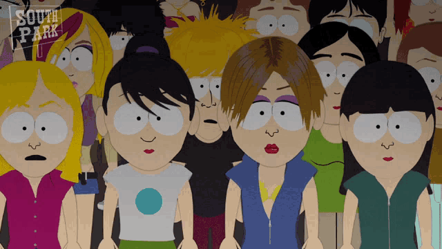 a group of south park characters are standing in a crowd