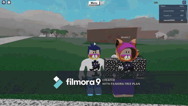 two roblox characters are standing next to each other in front of a screen that says filmora 9 created with filmora free plan