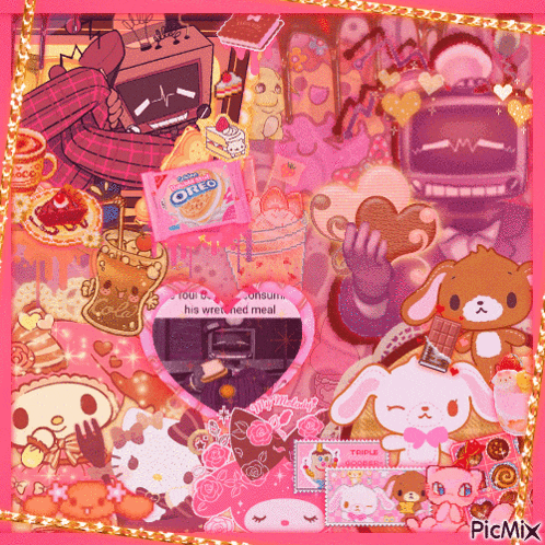 a collage of cartoon characters including oreo cookies and a bear
