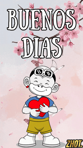 a cartoon of a boy holding a heart with the words buenos dias written above him