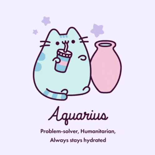 a drawing of a cat drinking from a cup with the word aquarius on the bottom