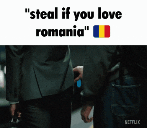 a man in a suit is holding another man 's hand with the words " steal if you love romania " above him