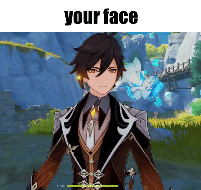 a picture of a video game character with the words " your face " above him