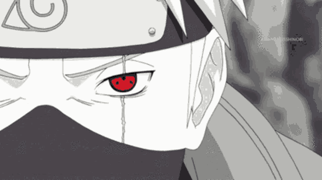 a black and white drawing of a man with a red eye