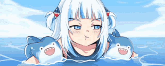 a girl with sharks on her arms is in the water