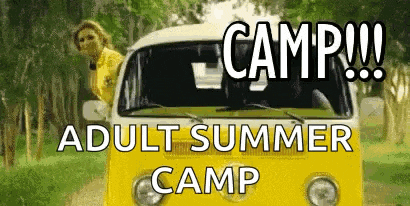 a woman is standing in front of a yellow van with the words adult summer camp written on it .