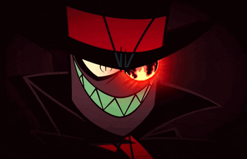 a close up of a cartoon character with a red hat and a glowing eye