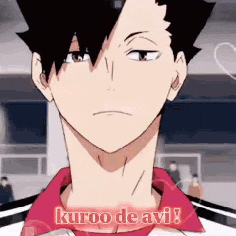 a close up of a black haired anime character with the words kuroo de avi written on his chest .