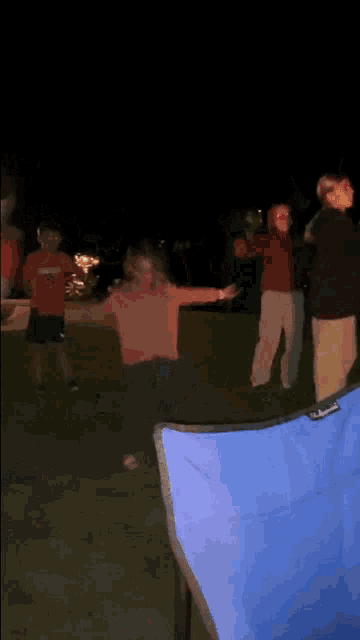 a group of people are dancing in a park at night