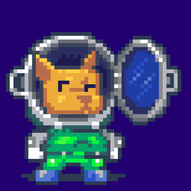 a pixel art of a cat wearing a helmet