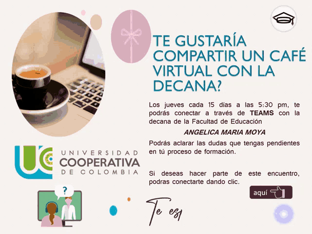 an advertisement for universidad cooperativa de colombia shows a cup of coffee and a laptop