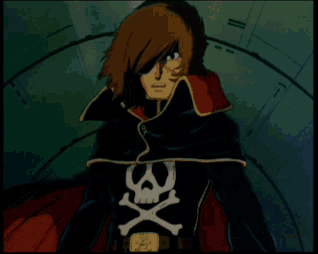 a cartoon character with a skull and crossbones on his shirt