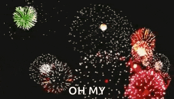 a bunch of fireworks are exploding in the night sky with the words oh my written on the bottom
