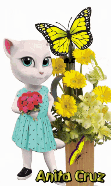 a cartoon cat holding a bouquet of flowers with the name anita cruz on the bottom