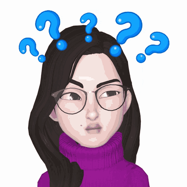 a girl with glasses and question marks on her head