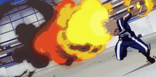 a man in a blue uniform is holding a sword in front of an explosion