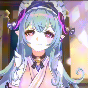 a close up of a girl with blue hair and pink eyes wearing a hat and a necklace .