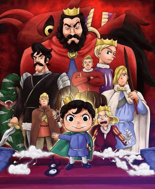 a group of cartoon characters with crowns on their heads are standing next to each other