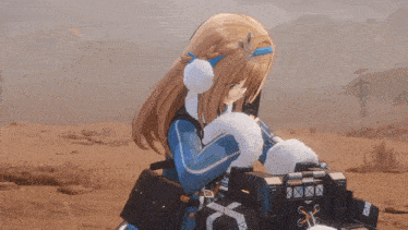 a girl in a blue coat is holding a gun in her hand