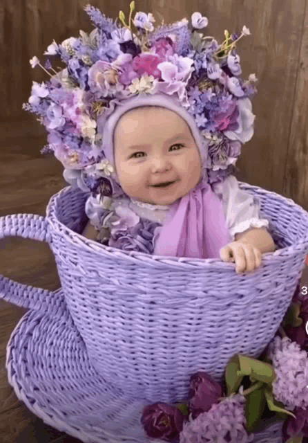 a baby is sitting in a purple basket with flowers on it