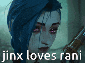 a woman with blue hair is holding a gun and says jinx loves rani