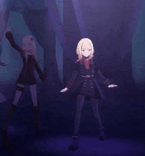 a group of anime girls are dancing on a stage