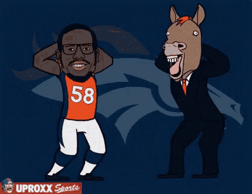 a cartoon of a man wearing number 58 and a man wearing a horse head