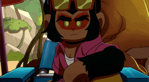 a cartoon character wearing sunglasses and a purple shirt