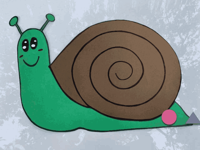 a green snail with a brown shell has a pink circle on its tail