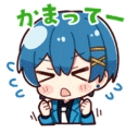 a cartoon of a boy with blue hair is sitting down with his hands in his fist .
