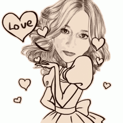 a drawing of a woman with hearts around her and a heart that says love .