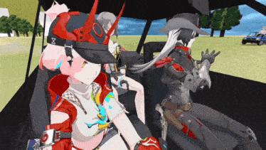 two anime characters are sitting in a car and one has an x on her head