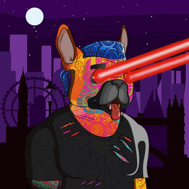 a cartoon of a dog with a bandana on his head and lasers coming out of his eyes