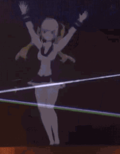 a girl in a white dress is dancing in front of a black background
