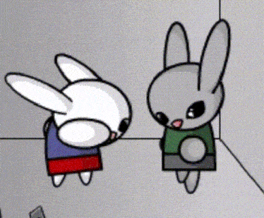 two cartoon rabbits standing next to each other in a room