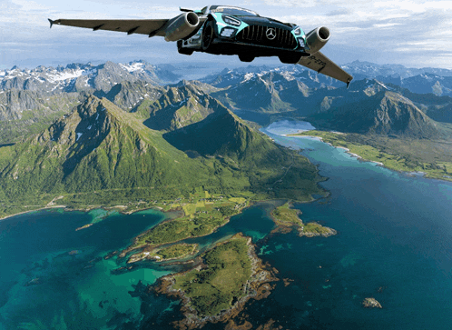 a mercedes car is flying through the air over a lake