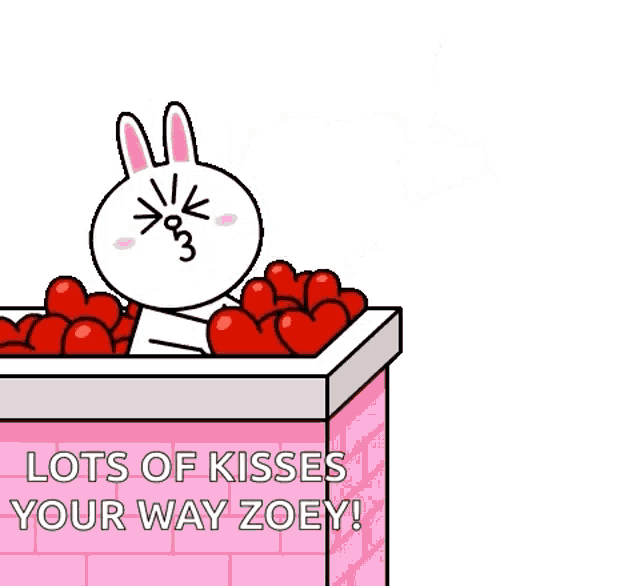 a cartoon of a rabbit surrounded by hearts with the words lots of kisses your way zoey