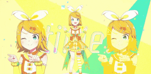 a girl in a yellow and green dress is pointing to the right