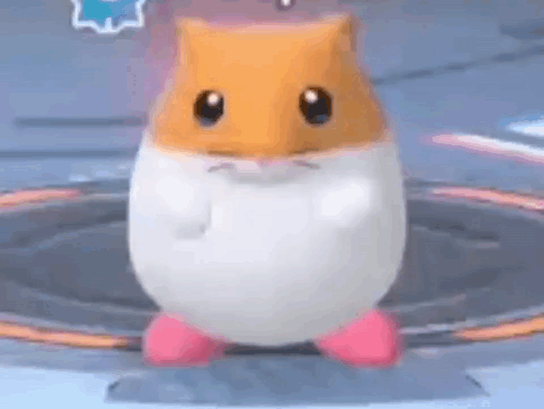 a hamster in a white egg with pink feet is standing in a circle .