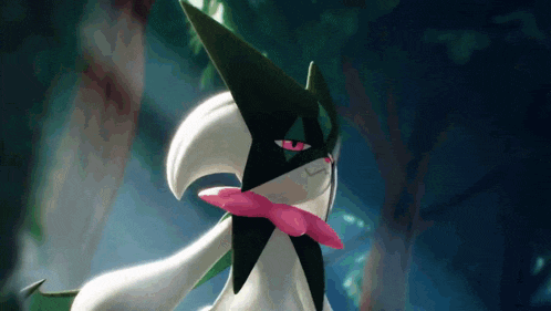 a black and white cartoon character with a pink bow around its neck