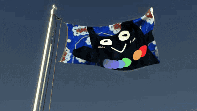 a flag with a black cat and rainbow colored eyes