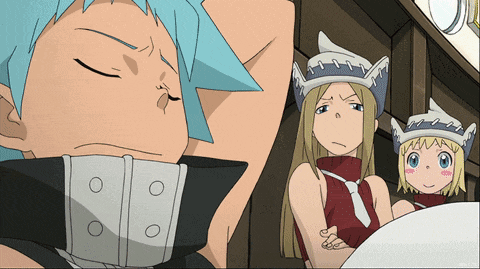 a group of anime characters including a boy and two girls with their eyes closed