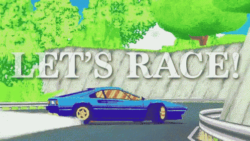 a blue car is driving down a road with the words let 's race