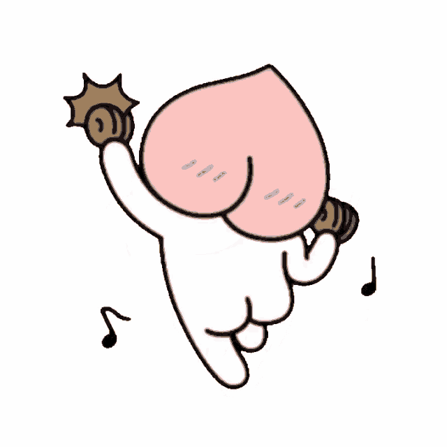 a cartoon character with a pink peach butt is holding a dumbbell .