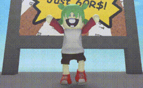 a cartoon character with green hair is standing in front of a sign that says just 60 dollars