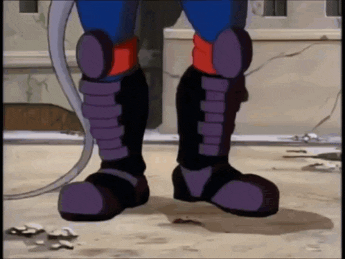 a cartoon character 's legs are shown with purple and black boots