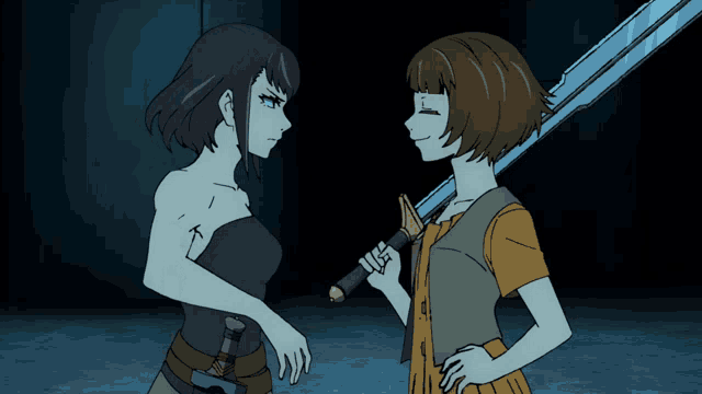 two anime characters are standing next to each other one holding a sword