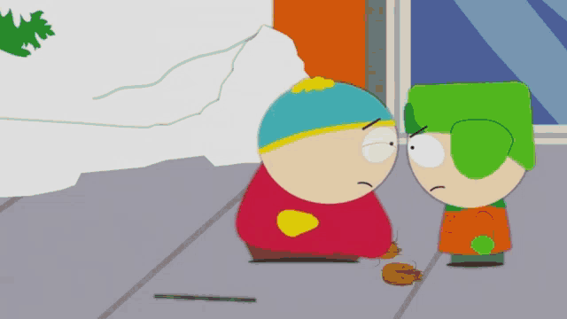 two south park characters are standing next to each other and one of them has a bug on the ground